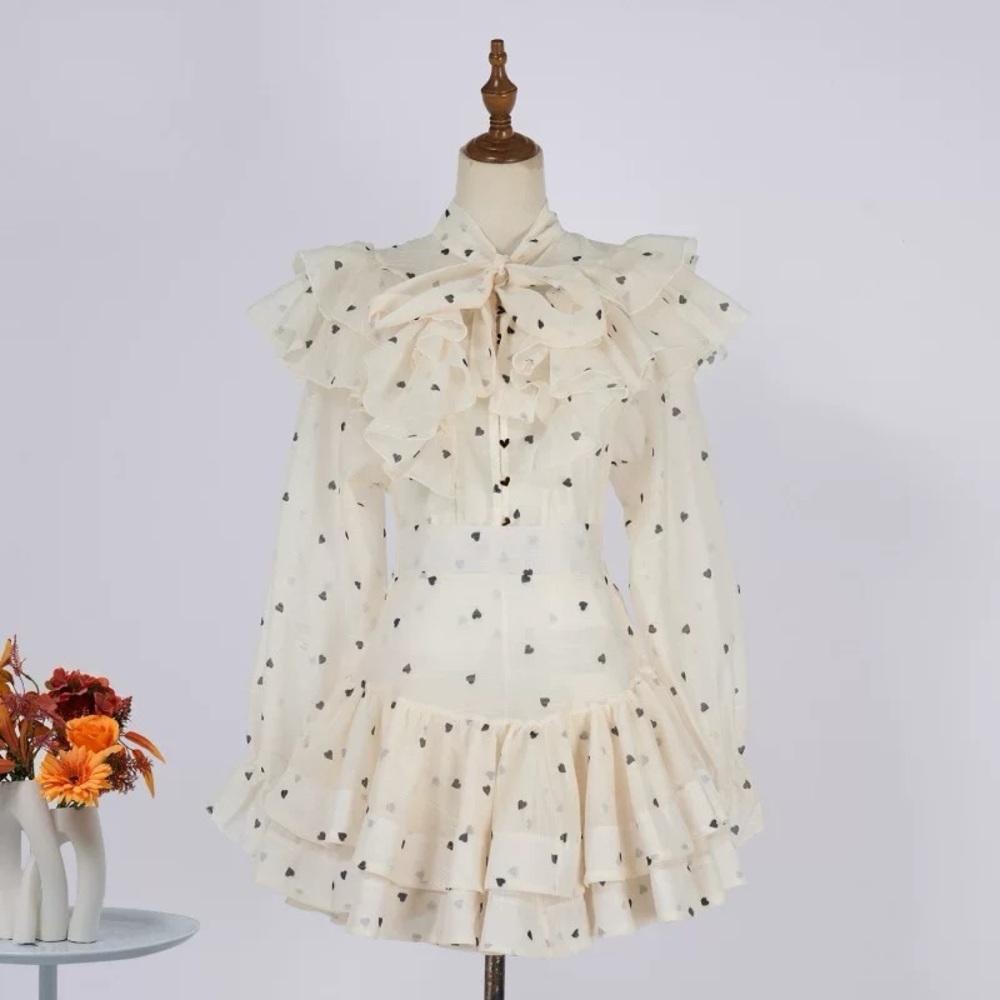 Designer-Style Cream Ruffle Two-Piece Dress w/ Heart Buttons
